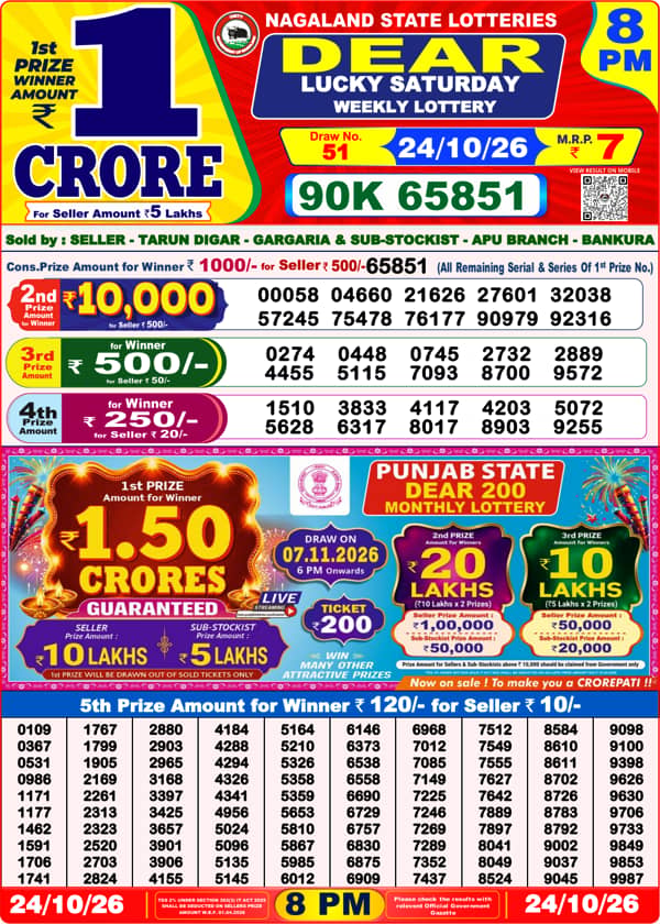 लॉटरी संबाद 8 PM रिजल्ट 24.10.2026, Dear Lucky Saturday, पहला इनाम 90K 65851